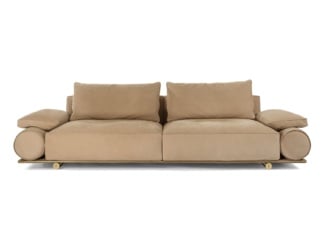 Twiga modern Italian luxury designer sofa is shown in beige colored weavings made of synthetic resin with seat upholstered beige fabric. The structure is composed of beige or brown synthetic resin and the seat cushion is upholstered in fabic. A wide selection of fabrics are available to choose from (samples available upon request). This collection features the finest products by combining materials and shapes that connect with one another, culminating in an exquisite lifestyle. Decorative cushions are not included. Twiga collection is available in chaise lounge, armchair, accent table, and coffee table versions. PVC cover available as an add on. Made in Italy.