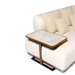 Leather sectional sofa with marble side table and fabric cushions