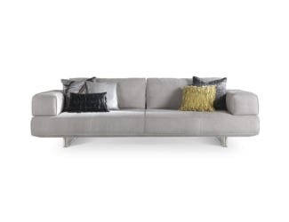Dafne luxury Italian Divano 183 sofa shown in upholstered grey fabric with bronze painted aluminum. This luxury Italian furniture collection combines high-end materials in metal with fabric upholstery. A wide variety of fabrics and leather are available to choose from (samples available upon request). Made in Italy.