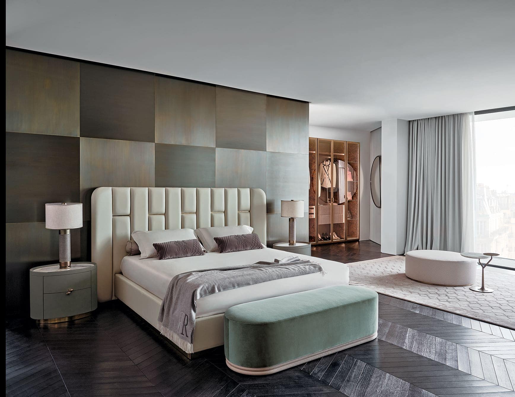 Victoria modern luxury bed with ivory upholstered leather