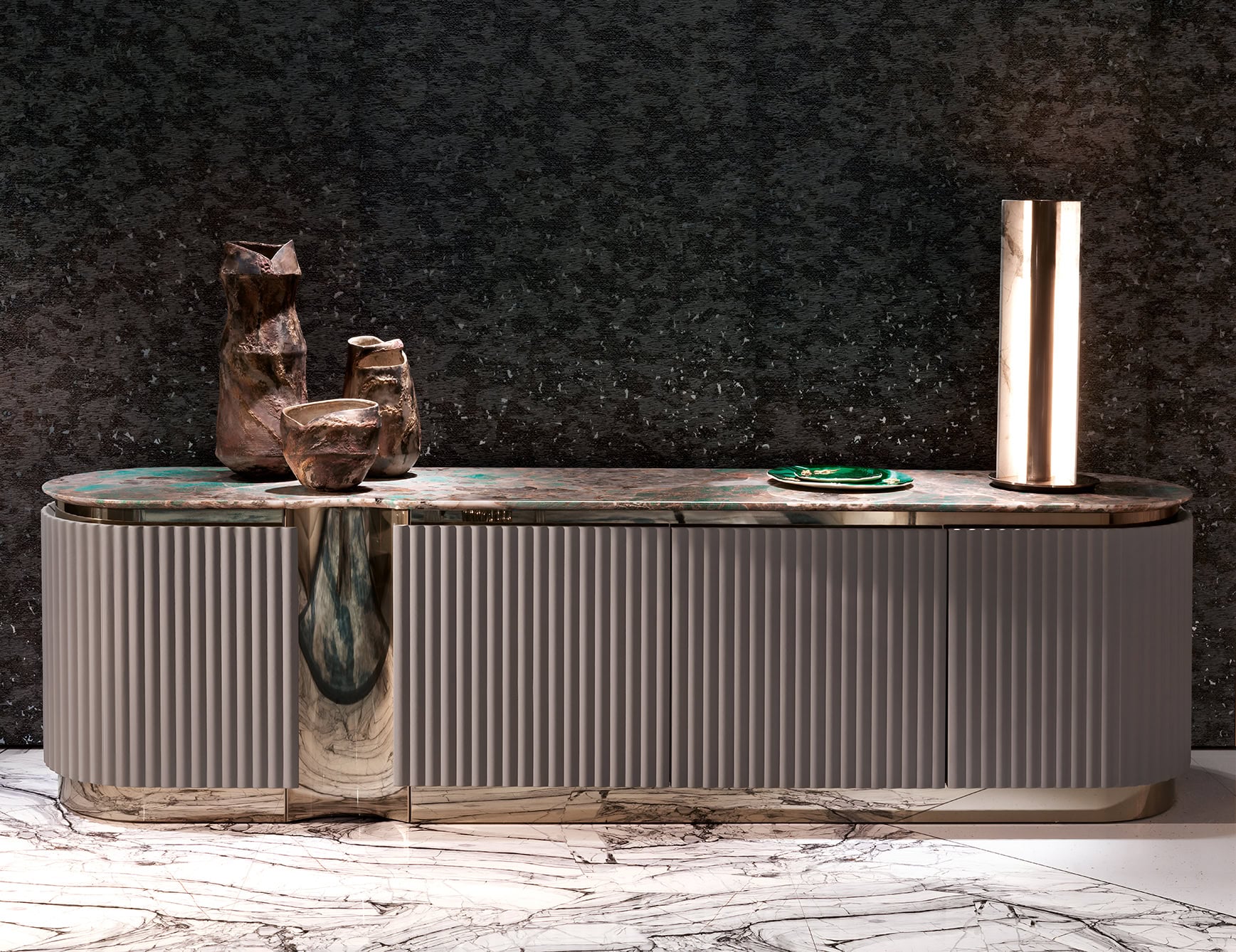 Lacquered wood bar cabinet with fluted doors and marble top
