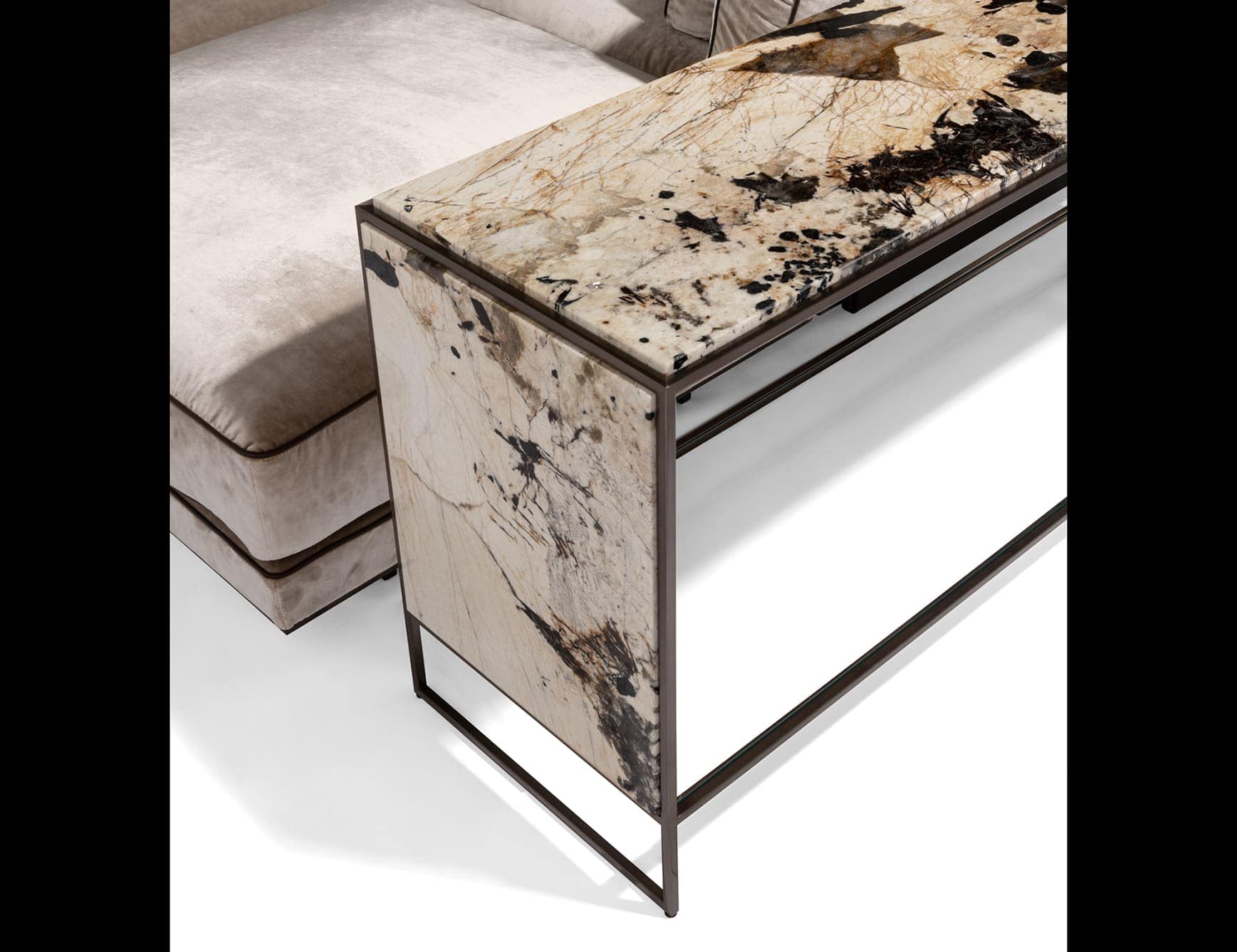 Mondrian modern luxury console with brown Patagonia marble