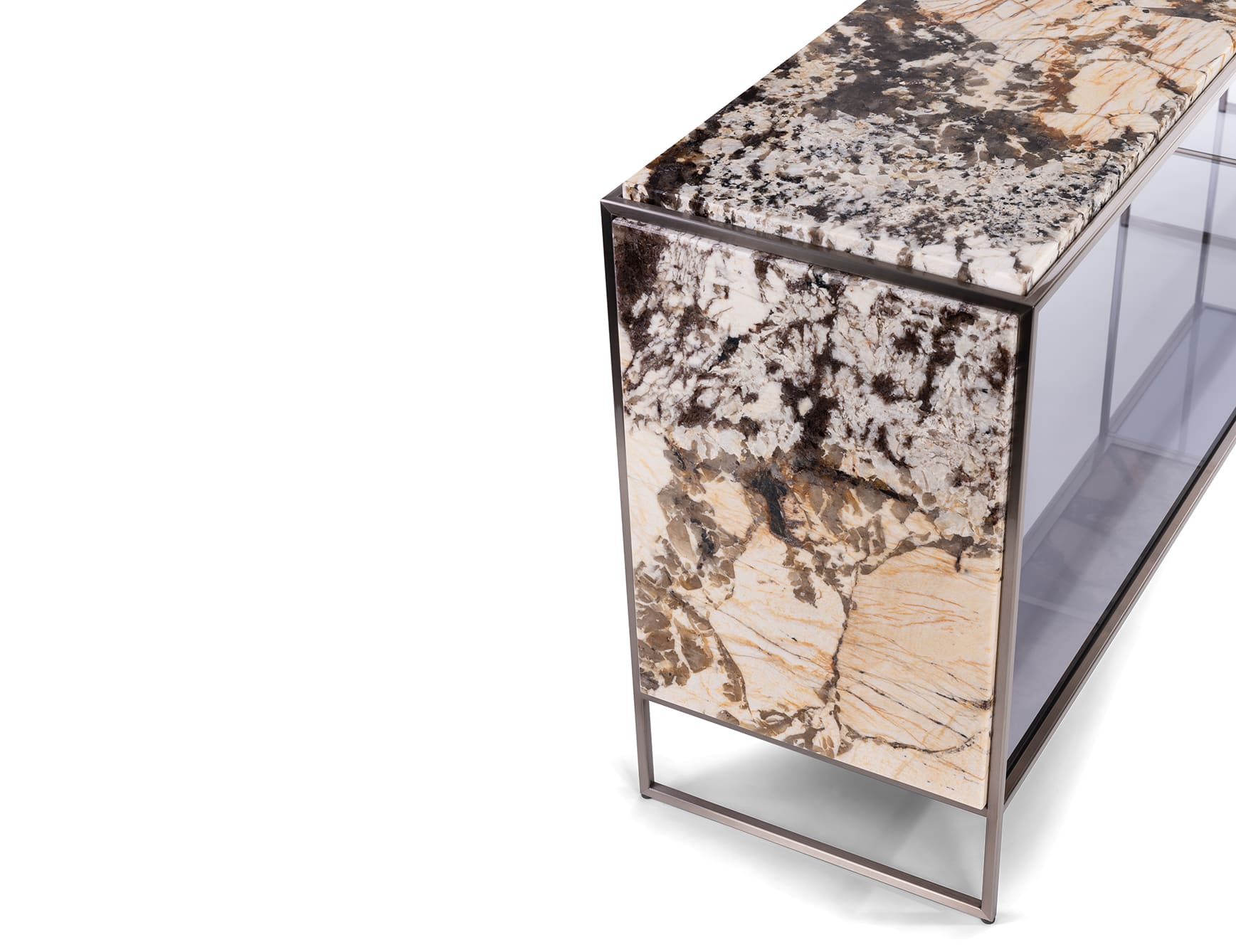 Mondrian modern luxury console with brown Patagonia marble