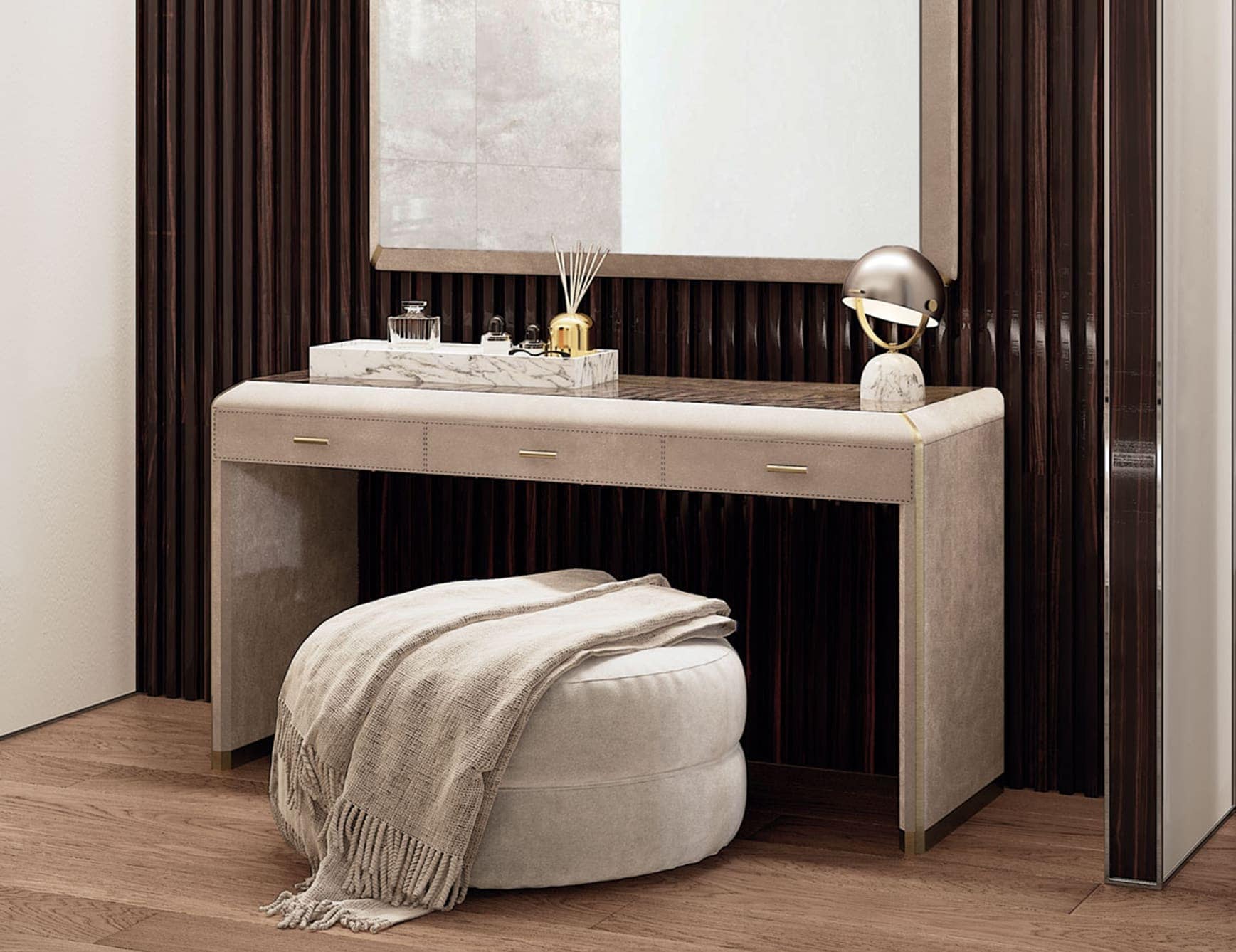 Kazar contemporary Italian ottoman bench with biege fabric