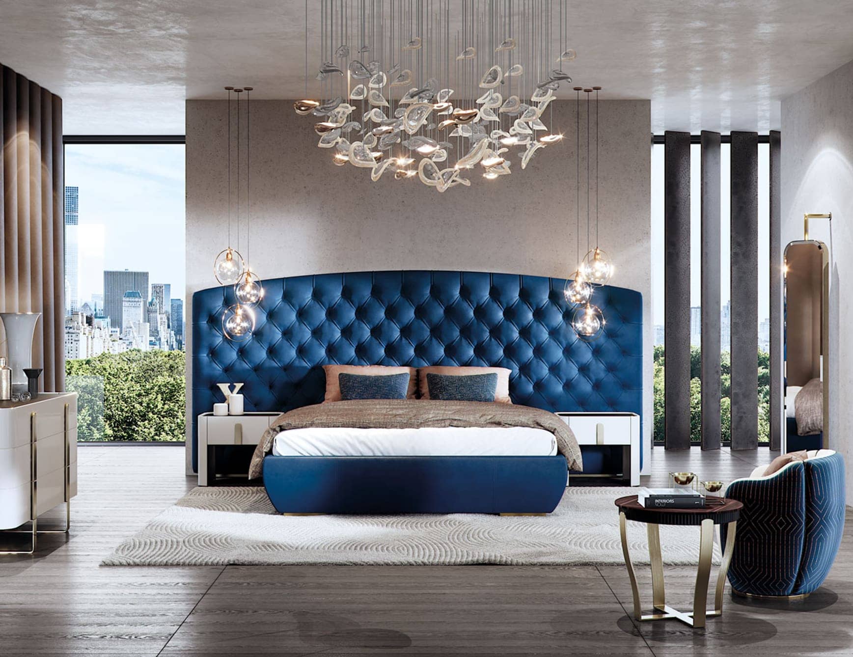 Kesy XL contemporary Italian bed with blue leather