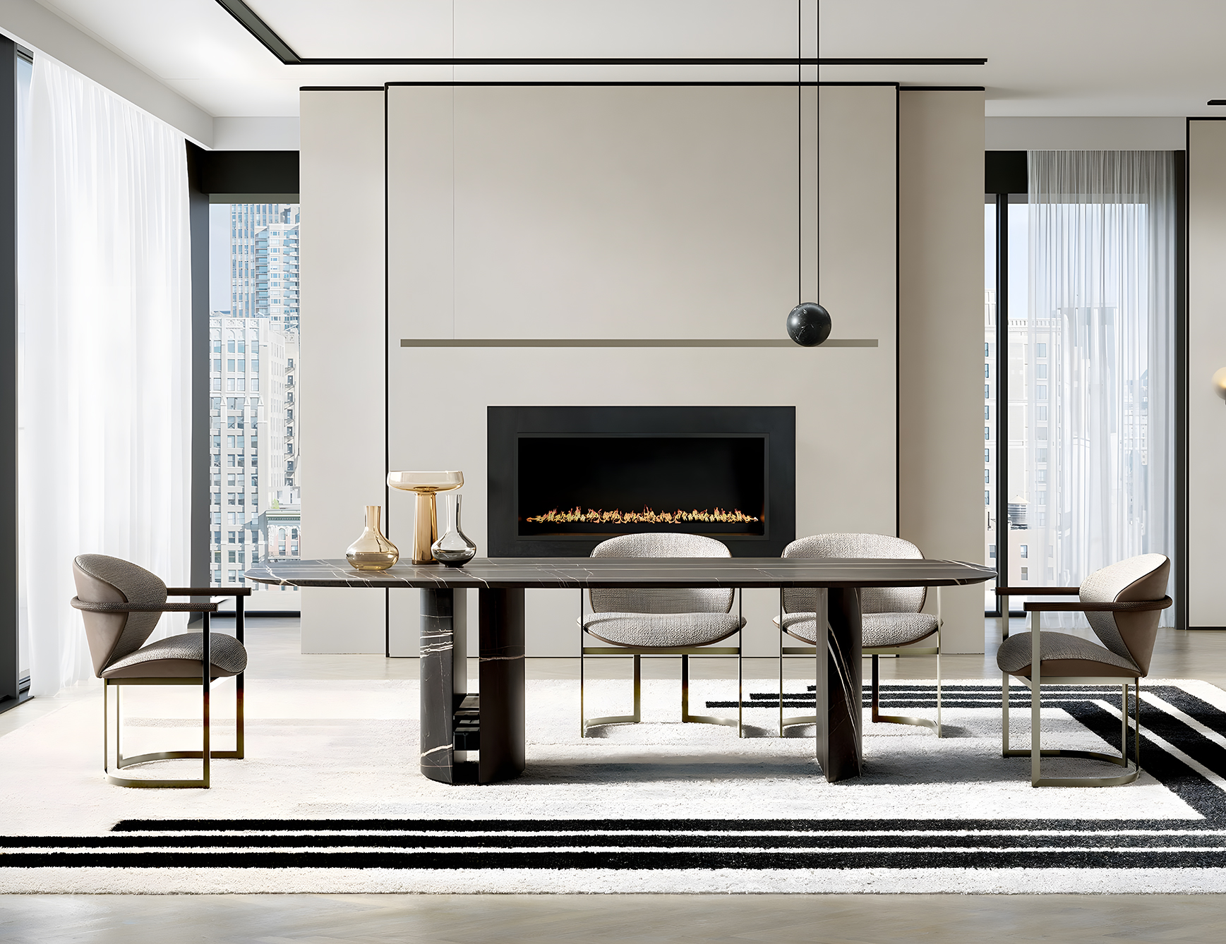 Ercole marble dining table with Sahara Noir finish in a dining room setting