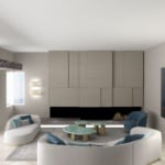 Fireplace and Bar Custom Made modern Italian wall unit with beige Eucalyptus wood