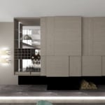 Fireplace and Bar Custom Made modern Italian wall unit with beige Eucalyptus wood