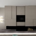 Fireplace and Bar Custom Made modern Italian wall unit with beige Eucalyptus wood