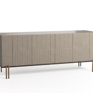 Leather bar cabinet with panelled doors and metal legs