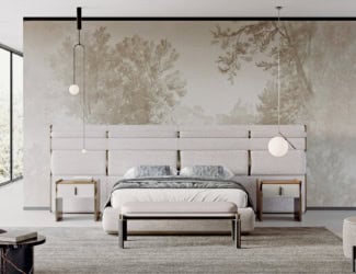 Jubilee modern Italian luxury designer bed upholstered in cream leather and metal legs shown in gold finishing. Structure composed of wooden frame with foam padding, metal legs and extended headboard. A wide selection of leathers and fabrics are available to choose from (samples available upon request). Metal legs and details available in many different finishes. This collection features the finest products by combining materials and shapes that connect with one another, culminating in an exquisite lifestyle. Jubilee bed available with smaller headrest. Bedsheets and mattress not included. Made in Italy.