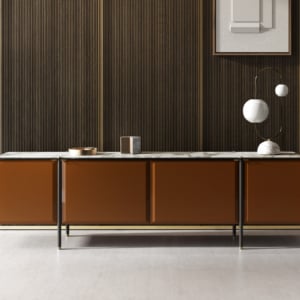 Wood veneered credenza with marble top in living room setting