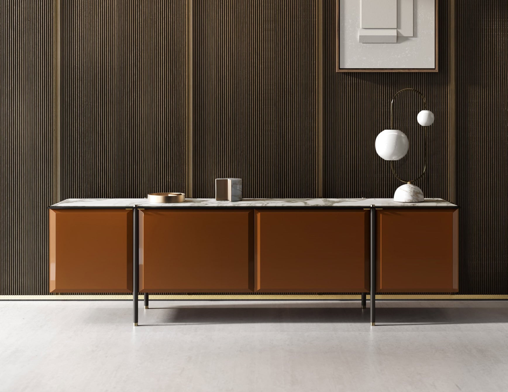 Wood veneered credenza with marble top in living room setting