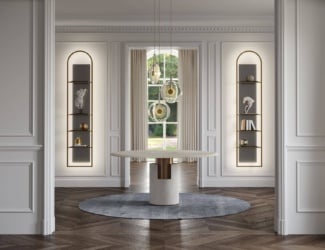 &lt;p&gt;Inspiration dining room features a variety of luxurious furniture. The &lt;a href=&quot;https://nellavetrina.com/product/furniture/tables/dione&quot;&gt;Dione &lt;/a&gt; dining table is shown with the top in white marble and a bell-shaped base made of Vietri artisan ribbed ceramics, white enamel finish, resting on a circular metal plate with matt gold finish. The &lt;a href=&quot;https://nellavetrina.com/product/lighting/hanging-pendant-lights/my-lamp&quot;&gt;My Lamp &lt;/a&gt;suspension lamps are shown in matt gold metal. The structure is composed of matt gold finish with Venetian borosilicate glass tubes placed at different heights. The &lt;a href=&quot;https://nellavetrina.com/product/furniture/sofas-sofa-chairs/sean-2&quot;&gt;Sean &lt;/a&gt;sofa is shown upholstered in olive fabric. The structure is composed of solid wood covered in metallic matt gold finish and bronzed mirrored matte glass. The &lt;a href=&quot;https://nellavetrina.com/product/furniture/consoles/sean-console-luxury-italian-console-in-bronzed-mirror&quot;&gt;Sean &lt;/a&gt;console is shown with a bronzed mirror oval top. The structure is composed of ellipsoidal tubular black nickel with a gold finish. The &lt;a href=&quot;https://nellavetrina.com/product/lighting/table-lamps/nettuno-2&quot;&gt;Nettuno &lt;/a&gt;table lamp shown on top of the console is composed of matte gold finish with hand grooved Murano glass in pink or straw-colored. The lampshade is composed of ivory-colored fabric. A wide selection of fabrics and leathers are available to choose from (samples available upon request). This luxury furniture collection features the finest Italian craftsmanship and brings effortless sophistication to any space. Made in Italy.&lt;/p&gt;
