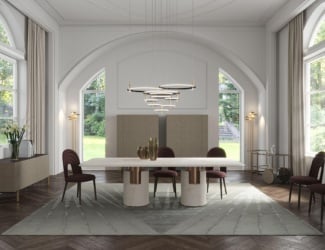 &lt;p&gt;Inspiration dining room features a variety of luxurious furniture. The &lt;a href=&quot;https://nellavetrina.com/product/furniture/tables/dione&quot;&gt;Dione &lt;/a&gt; dining table is shown with the top in white marble and a bell-shaped base made of Vietri artisan ribbed ceramics, white enamel finish, resting on a circular metal plate with matt gold finish. The &lt;a href=&quot;https://nellavetrina.com/product/lighting/hanging-pendant-lights/my-lamp&quot;&gt;My Lamp &lt;/a&gt;suspension lamps are shown in matt gold metal. The structure is composed of matt gold finish with Venetian borosilicate glass tubes placed at different heights. The &lt;a href=&quot;https://nellavetrina.com/product/furniture/sofas-sofa-chairs/sean-2&quot;&gt;Sean &lt;/a&gt;sofa is shown upholstered in olive fabric. The structure is composed of solid wood covered in metallic matt gold finish and bronzed mirrored matte glass. The &lt;a href=&quot;https://nellavetrina.com/product/furniture/consoles/sean-console-luxury-italian-console-in-bronzed-mirror&quot;&gt;Sean &lt;/a&gt;console is shown with a bronzed mirror oval top. The structure is composed of ellipsoidal tubular black nickel with a gold finish. The &lt;a href=&quot;https://nellavetrina.com/product/lighting/table-lamps/nettuno-2&quot;&gt;Nettuno &lt;/a&gt;table lamp shown on top of the console is composed of matte gold finish with hand grooved Murano glass in pink or straw-colored. The lampshade is composed of ivory-colored fabric. A wide selection of fabrics and leathers are available to choose from (samples available upon request). This luxury furniture collection features the finest Italian craftsmanship and brings effortless sophistication to any space. Made in Italy.&lt;/p&gt;
