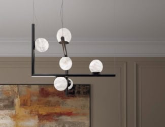 &lt;p&gt;Tubular Bells pendant light in a set of twelve white alabaster tubular lights suspended in different heights and in a bronze structure with black electrical cables. The pendant light ceiling base is available in matt black and matt white. The electrical cables is also available in white. Made in Italy.&lt;/p&gt;
