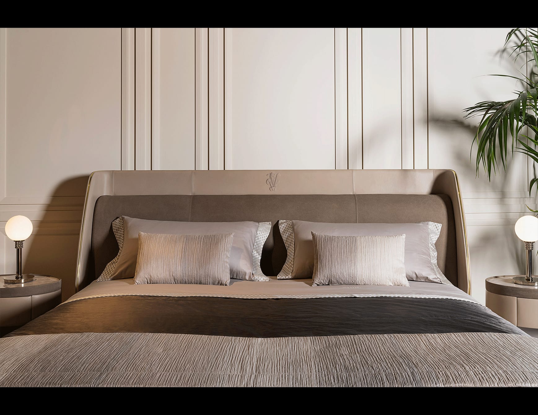 Le Comte Bedroom modern luxury bed with beige leather