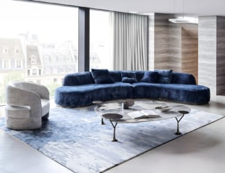 Fraser modern Italian designer coffee table shown with grey marble top and wood structure. Coffee table top available in selected exclusive marbles, leathers or woods. Made in Italy.