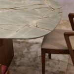 Quartzite dining table with Blue Roma finish and wooden base