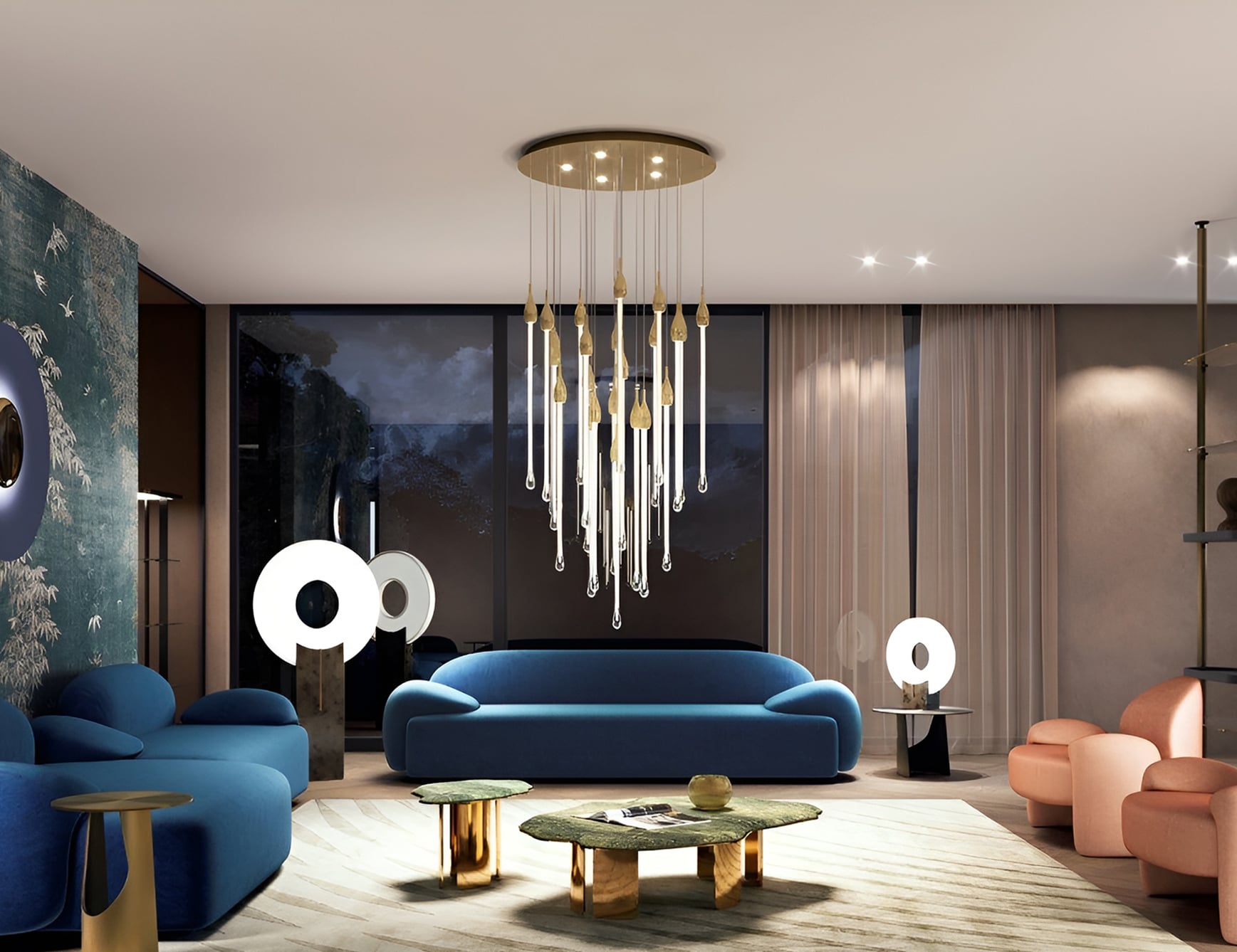 Hanging pendant light made of metal and Murano glass.
