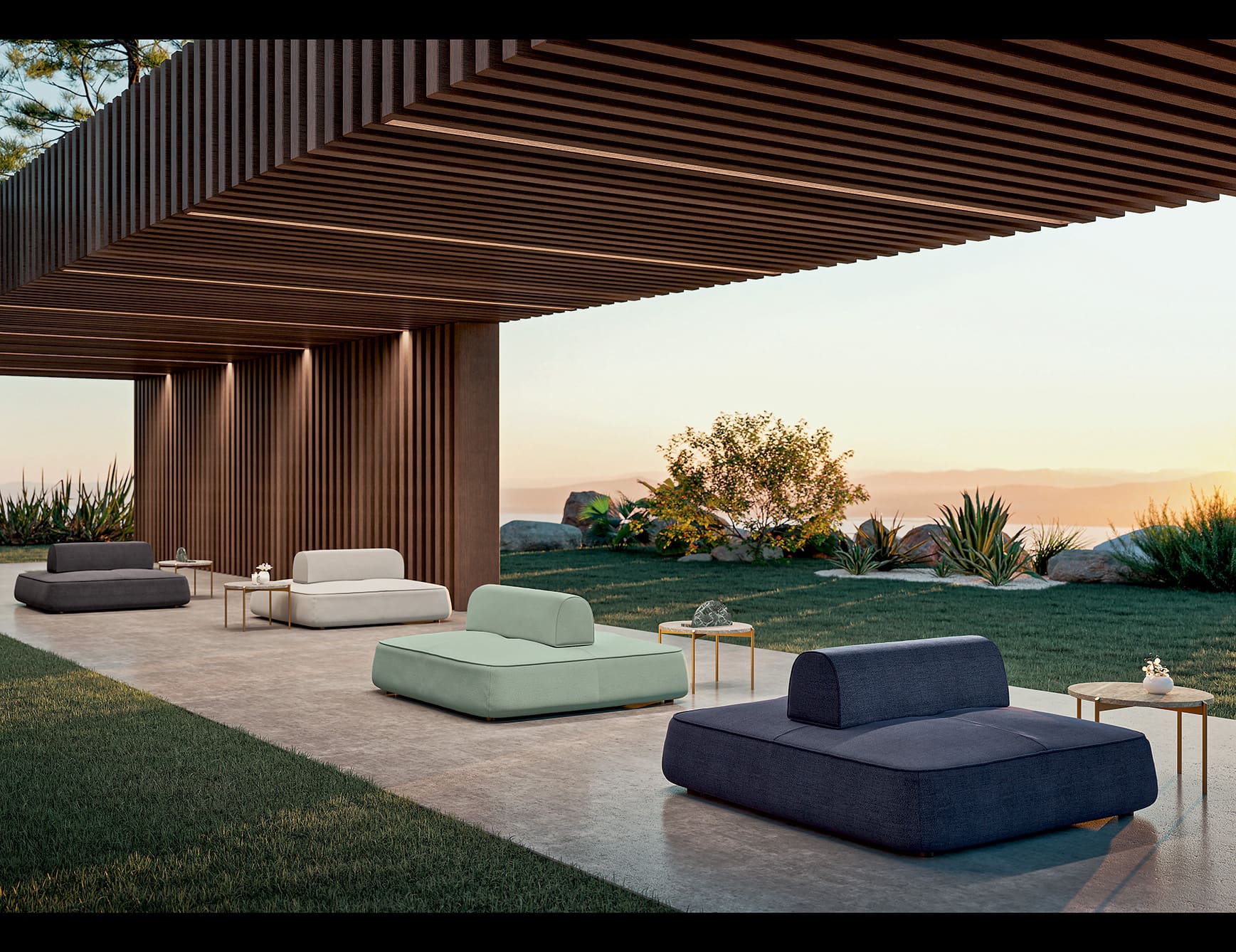 Fabric outdoor lounge poufs used as seating on patio.