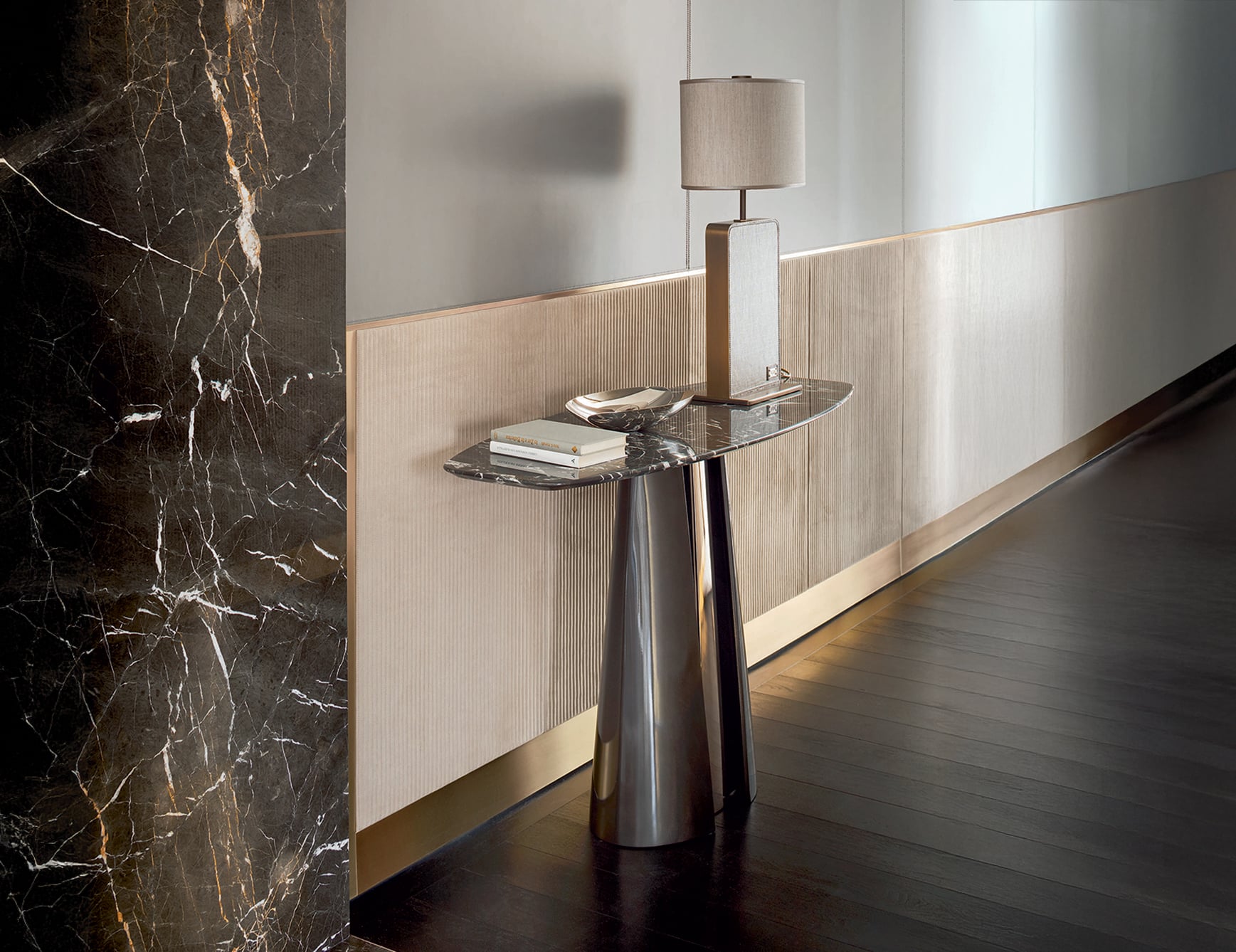 Modern console table with lamp and books