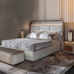 Fabric storage bed with upholstered headboard in bedroom setting