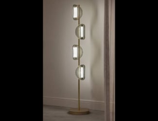 Icone Luminose Italian floor lamps are shown with metal structure in matt gold finish. Floor lamp composed of vases made from blown Murano glass. Made of metal structure in brushed golden finish and chrome. Four models available. Collection is also available as a table lamp. Made in Italy.