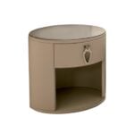 Round leather and wood bedside table with drawer and open shelf