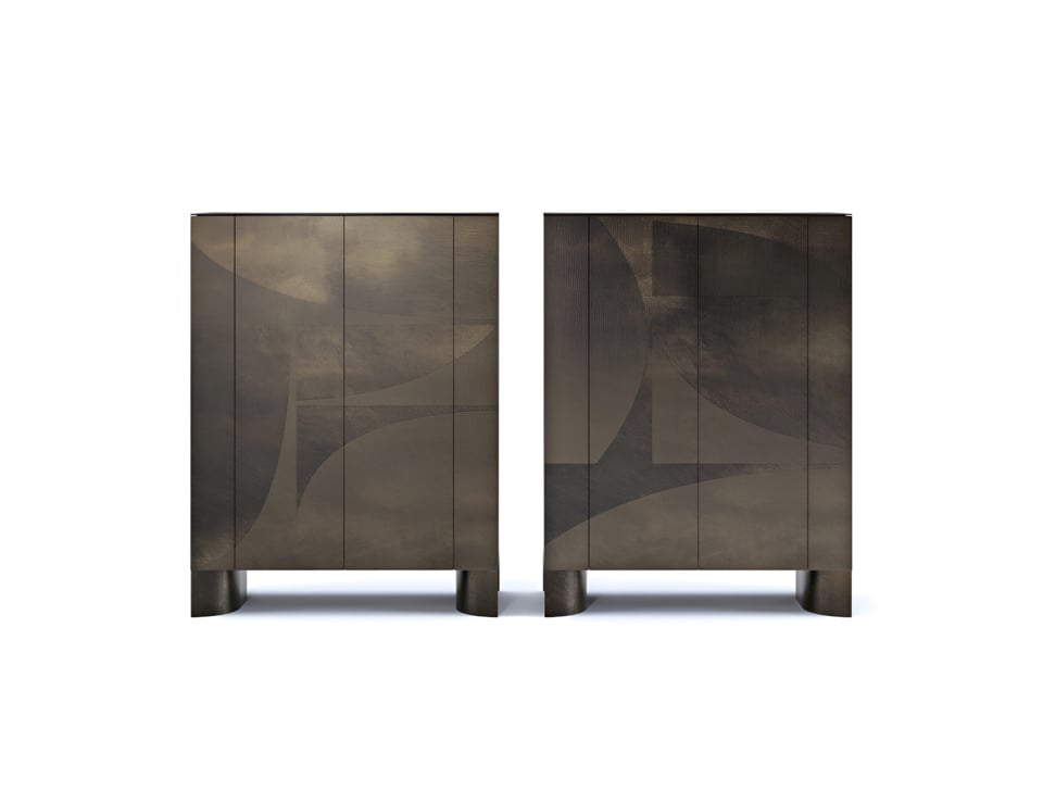 Wooden high cabinet with ash finish against white wall
