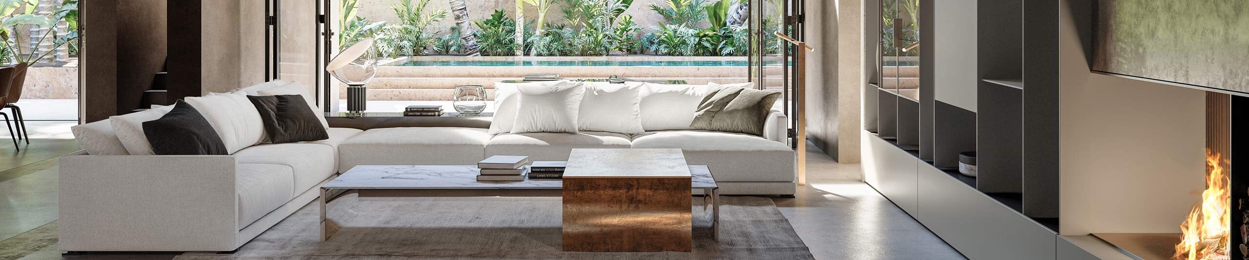 Fabric sectional sofa with cushions beside marble and wood coffee table in living room