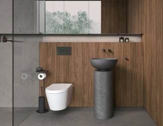 Caba 23.01 Italian designer bathroom composed of floor-standing washbasin with Half Flame Oak pedestal and Creta lacquered cement washbasin. Facet shown in satin stainless steel. Circular mirror shown with LED backlighting. Tall cabinets composed of Half Flame Oak with black stainless-steel handles. Sanitary ware shown in ceramic with matt white finish and stainless-steel flow taps. Caba collection inspired by Japanese comfort of nature’s shapes and beautifully designed in Rome. It is both visually and physically appealing. Made in Italy.