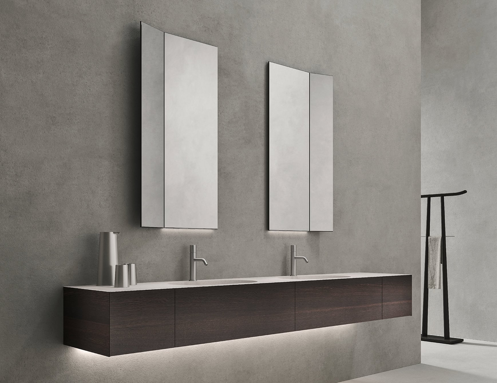 Wood bathroom vanity cabinet with oak finish and countertop sinks