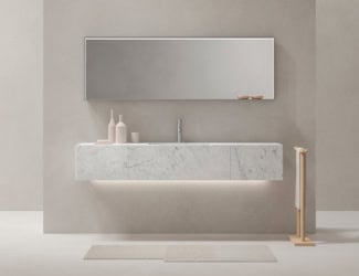 Eden 05 modern Italian bathroom vanity shown in glass with avana gloss. Top composed of glass in Avana glass with countertop ceramic washbasin. Faucet composed of silver metal. Base includes two drawers with one open compartment. Mirror shown with LED lighting. Made in Italy.