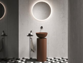 &lt;p&gt;Saba 23.05 Italian designer washbasin composed of floor-standing washbasin in Rosso bollo clay concrete. Flow taps shown in black stainless steel. Saba collection inspired by Japanese comfort of nature’s shapes and beautifully designed in Rome. It is both visually and physically appealing. Made in Italy.&lt;/p&gt;
