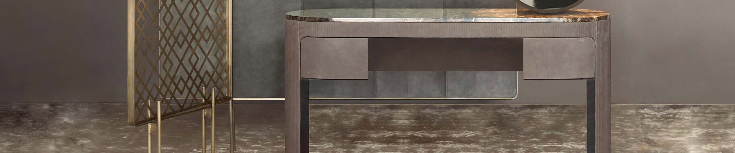 Wood and marble vanity table with brass accents in interior setting