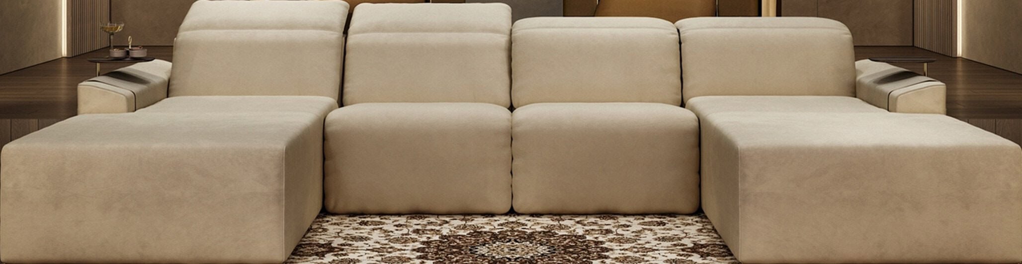 Beige upholstered sectional sofa with chaise in living room