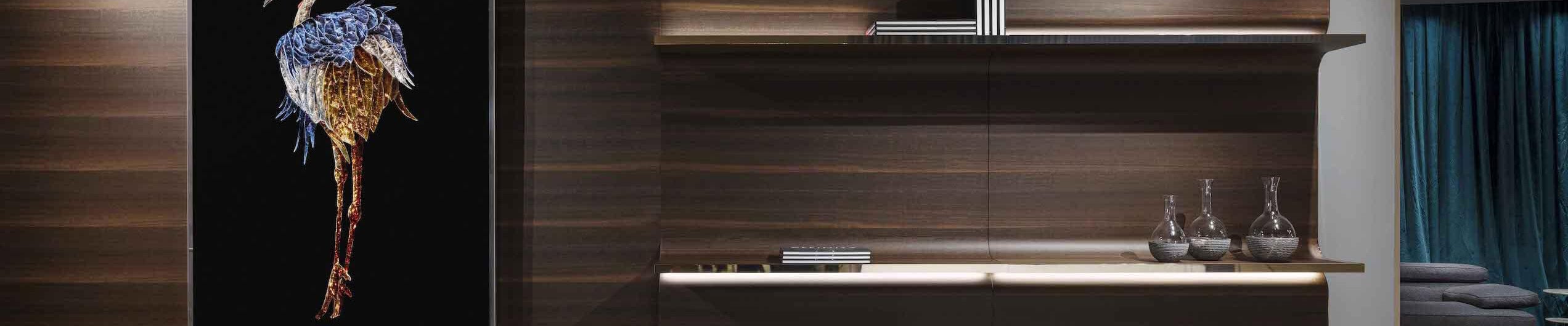 Wood wall panel with built-in shelves and decorative artwork