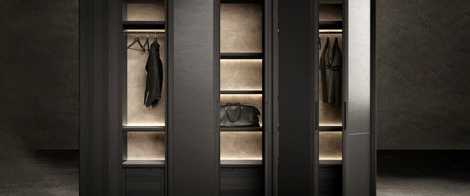 Dark wood wardrobe with open shelves and hanging sections