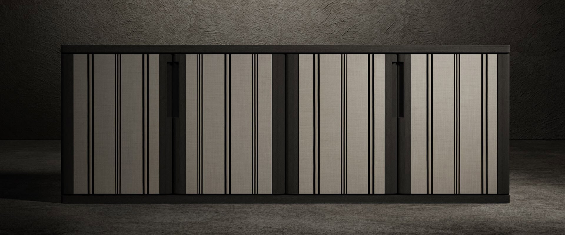 Wood cabinet with vertical striped panel doors and dark frame