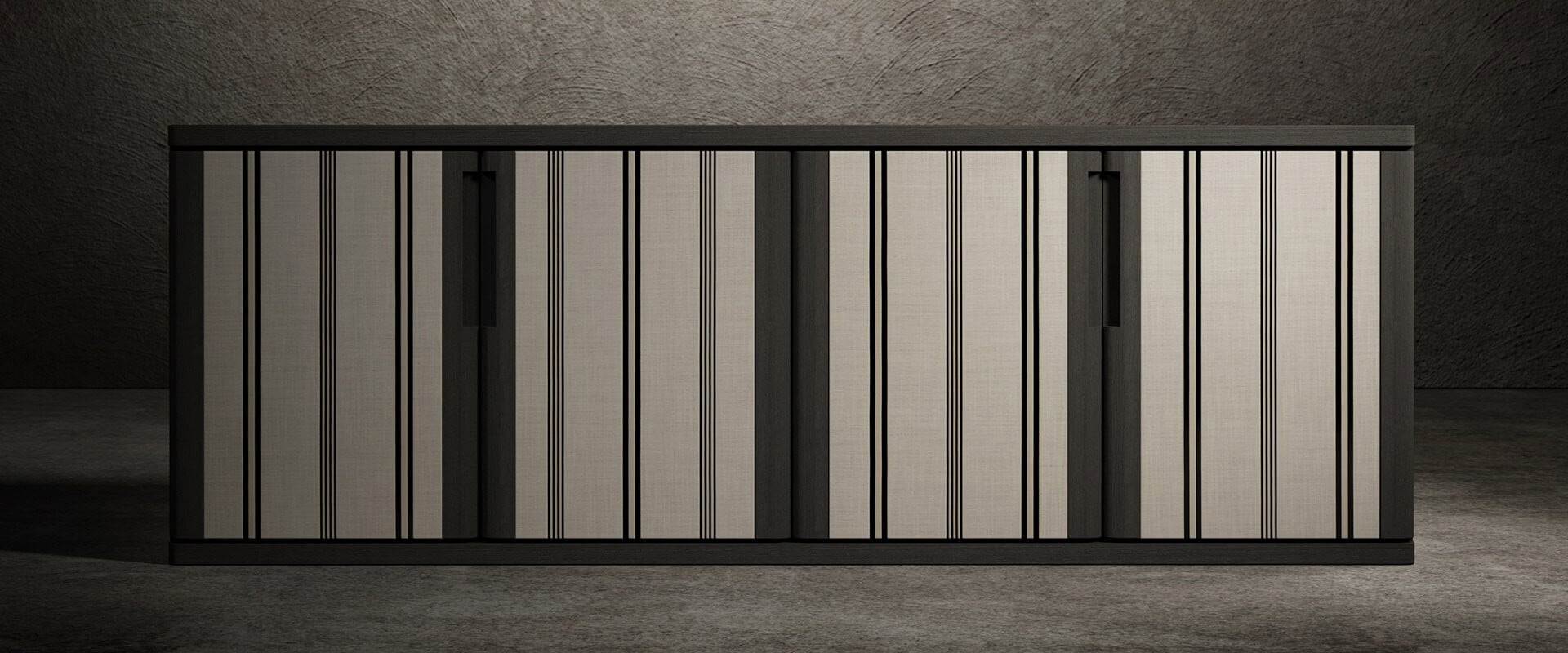 Wood cabinet with vertical striped doors and dark metal handles