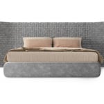 Fabric storage bed with woven grey headboard and upholstered frame