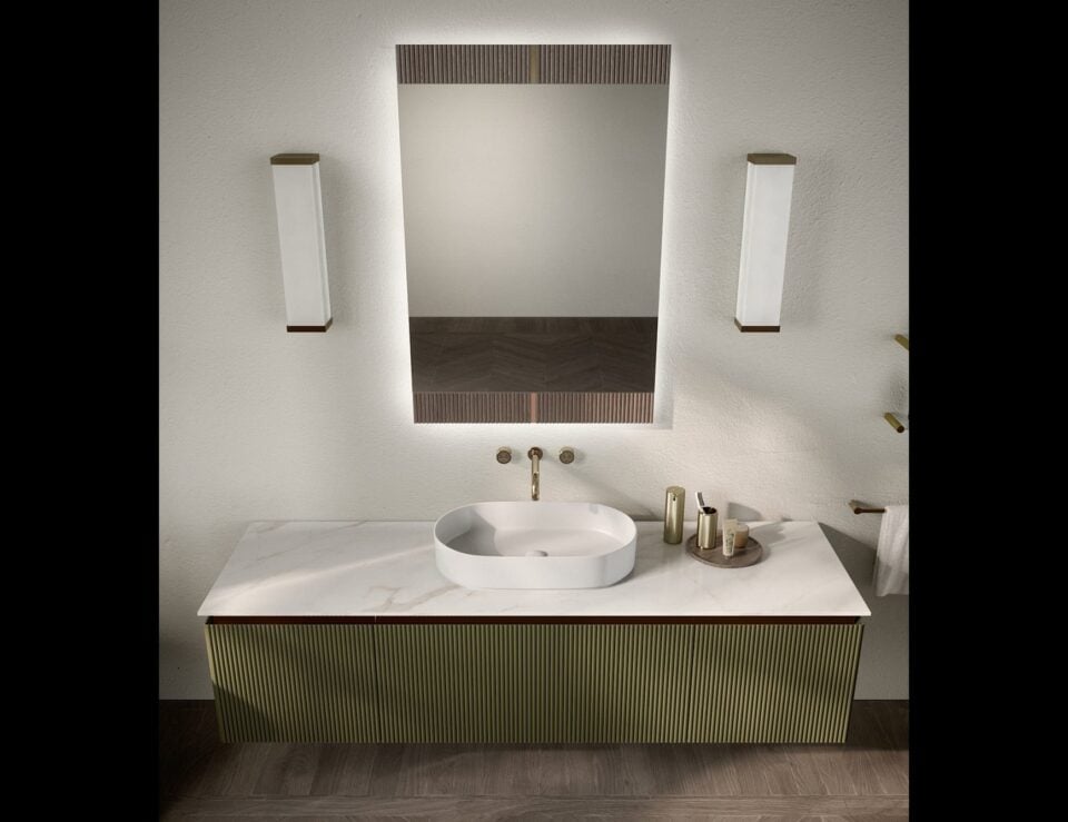 Lacquered wood bathroom vanity cabinet with integrated sink and wall mirror