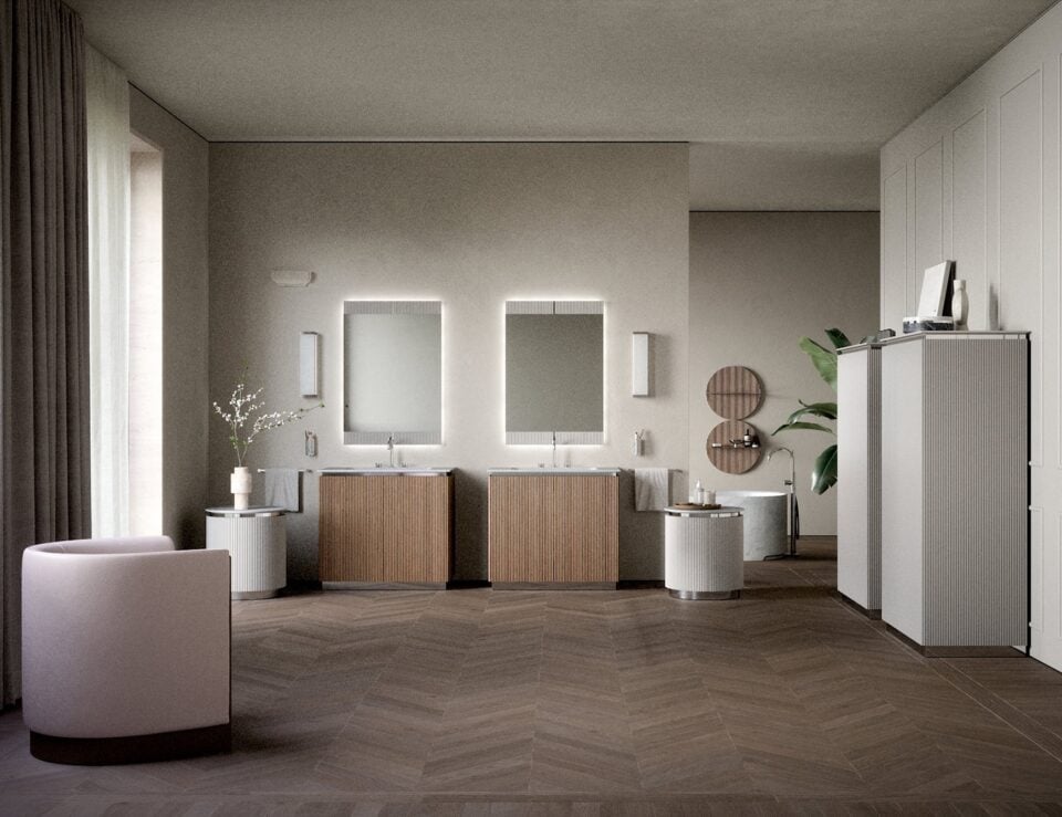 Wood bathroom vanity cabinet with walnut finish in bathroom setting
