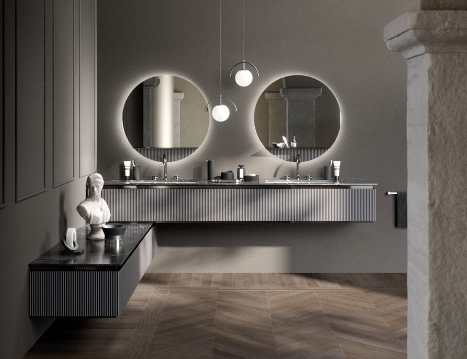 Lacquered wood bathroom vanity cabinet with double sink and wall-mounted design