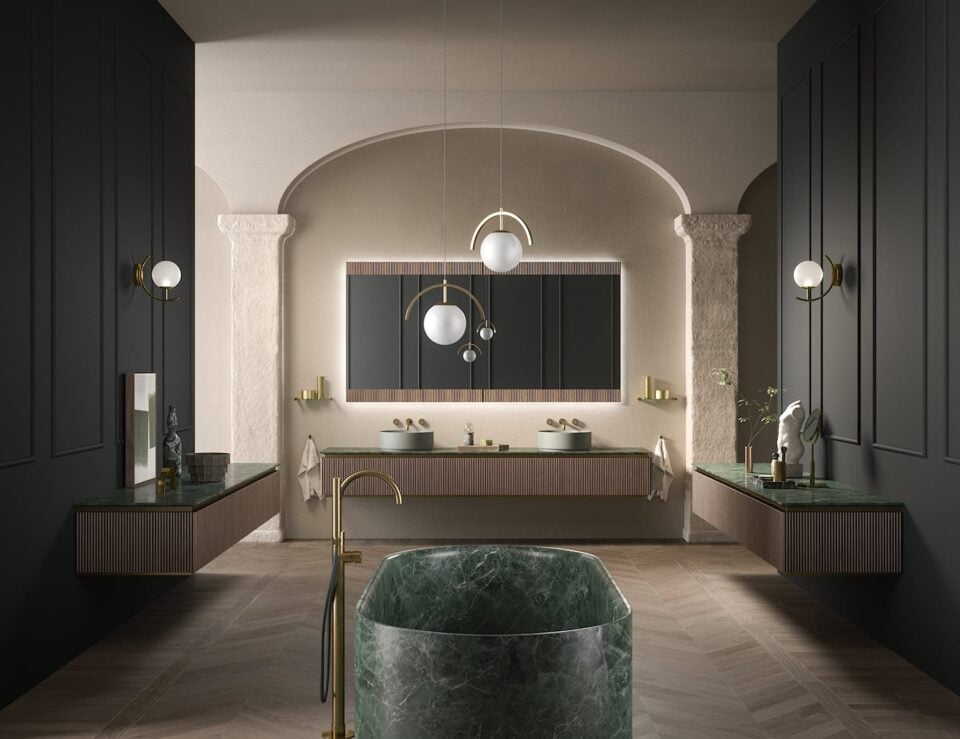 Wood bathroom vanity cabinet with walnut finish and green countertop in modern bathroom setting