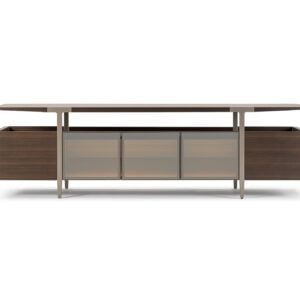 Wood sideboard in walnut finish with storage compartments and glass panel doors