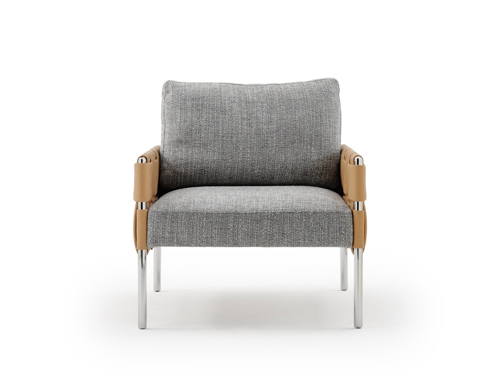 Flash modern Italian luxury designer armchair with no arms shown upholstered in grey fabric with graphite colored aluminum and grey rope. Structure composed of hand woven Teflon acrylic thermoplastic rope and aluminum. Structure is available in grey rope with graphite colored aluminum or beige rope with white colored aluminum. The material is charaterized by a soft appeal similar to a textile product and its main characteristics are the resistance to UV rays and the quick drying properties. A wide selection of fabrics are available to choose from (samples available upon request). This collection features the finest products by combining materials and shapes that connect with one another, culminating in an exquisite lifestyle. Flash collection is also available in pouf, armchair, armchair with one arm, sofa, sofa with one arm, sofa with no arms, chaise lounge, right or left chaise lounge and coffee table versions. PVC cover available as an add on. Made in Italy.