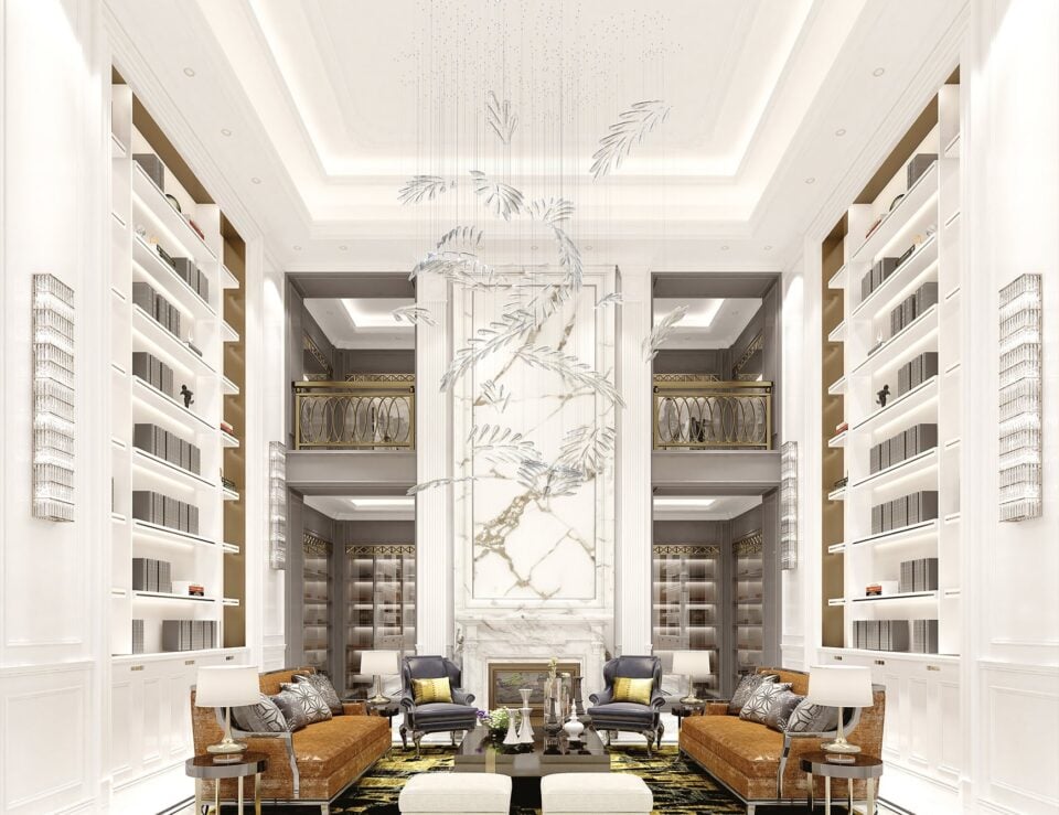 Glass pendant chandelier with suspended leaf-shaped elements in a living room setting