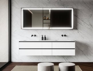 &lt;p&gt;Touch 104 contemporary Italian bathroom vanity shown in White Arabescato marble with Full 100 integrated washbasin. Base/Top finish options: 27 matt lacquers, 4 clays, barrique and termocotto matt veneers,  and 10 marbles. Combining versatility with style to create a wide program of modularity and function. Featuring special worked tops and sides, recessed handles, total width fronts and original finishes including heat-treated oaks; all which can be fully tailored and customized. Base widths: 16.3”, 25.3”, 39.5”. Base depths: 15.9”, 19”. Base height: 34.6”. Groove handle in push latch. Made in Italy.&lt;/p&gt;
